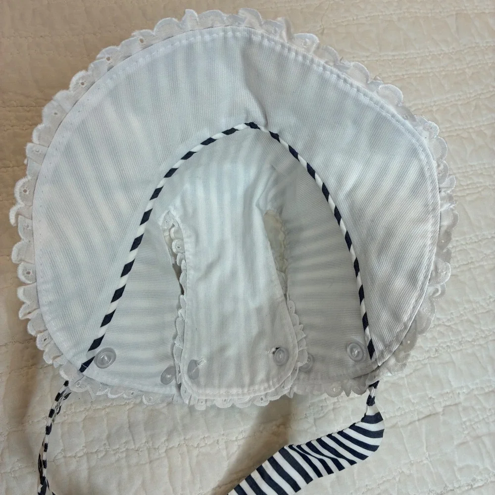 The Beaufort Bonnet Co Navy White Stripe Eyelet Trim Bonnet Small Adjustable